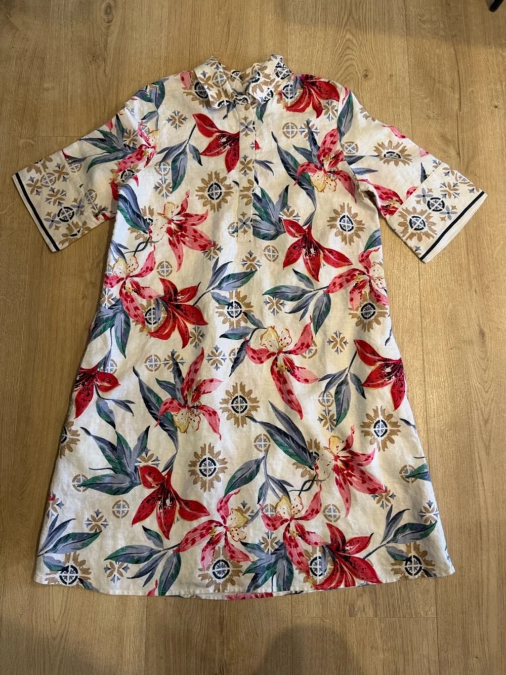 Chico’s Linen Floral Popover Shirt Dress Size 10 US Resort Wear Coastal Beach - Picture 5 of 9